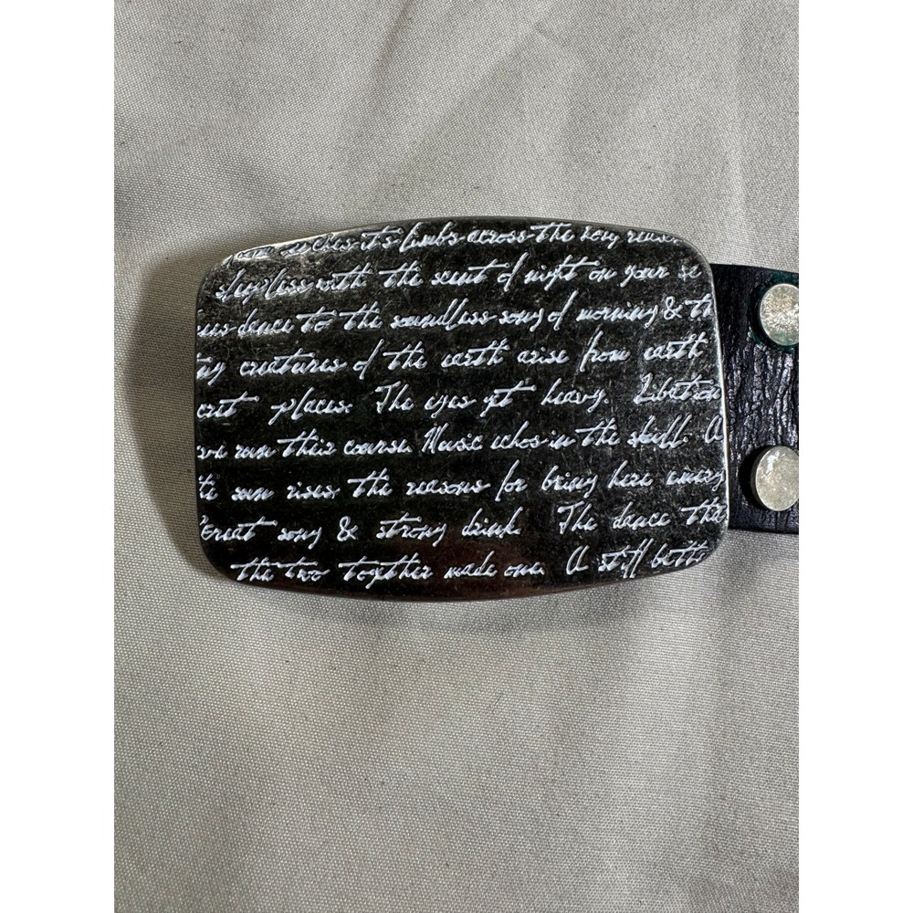 Express Mens Genuine Leather Belt Script Engraved Plaque Buckle Black Distressed